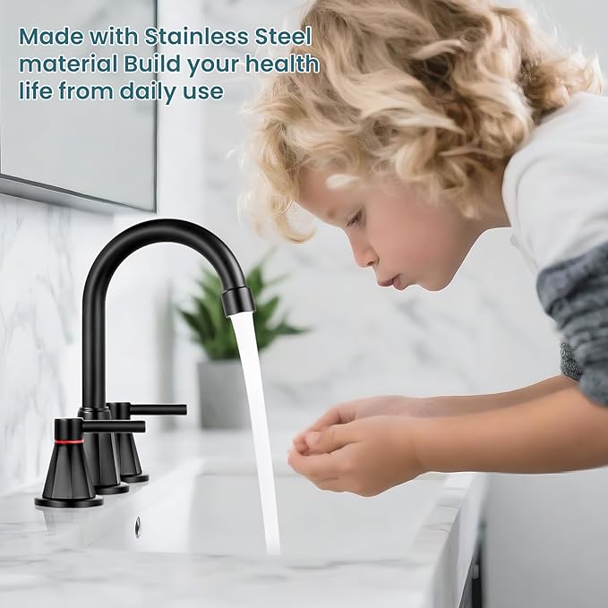 Bathroom Faucet 3 Hole,Mater Black Bathroom Sink Faucet with 360°Swivel Spout, 8 inch Widespread 2 Handle Faucet for Bathroom Sink Vanity RV with Pop-up Drain Supply Line Stainless Steel
