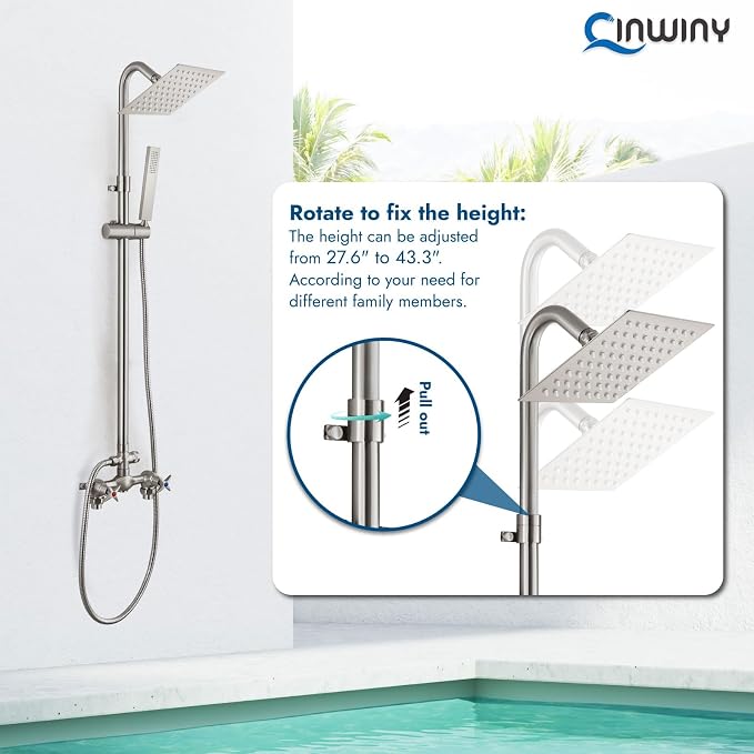 Wall Mounted Outdoor Shower Kit,Outdoor Shower Faucet,Brushed Nickel | 6-Inch Square Rainfall Shower Head with Handheld Spray, Adjustable Slide Bar & Dual Function Design for Flexible Outdoor Use