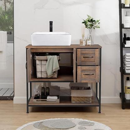 YOURLITE Bathroom Vanity, 36" Bathroom Vanity with Sink Combo Set, Rustic Farmhouse Modern Bathroom Cabinet with White Ceramic Vessel Sink
