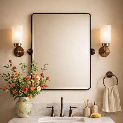 Farmhouse Pivot Rectangle Bathroom Mirror Matt Black Metal Framed Tilting Beveled Vanity Mirrors for Wall, Overall 27.91x 30 inches (Mirrror 24 x 30 inches)