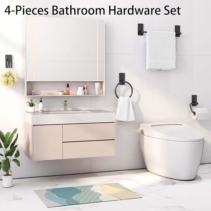 4 Pieces Bathroom Hardware Set, Stainless Steel Bathroom Accessory Set, 16 Inch Bath Towel Bar Set Self Adhesive Towel Racks for Bathroom Wall Mounted，Matte Black