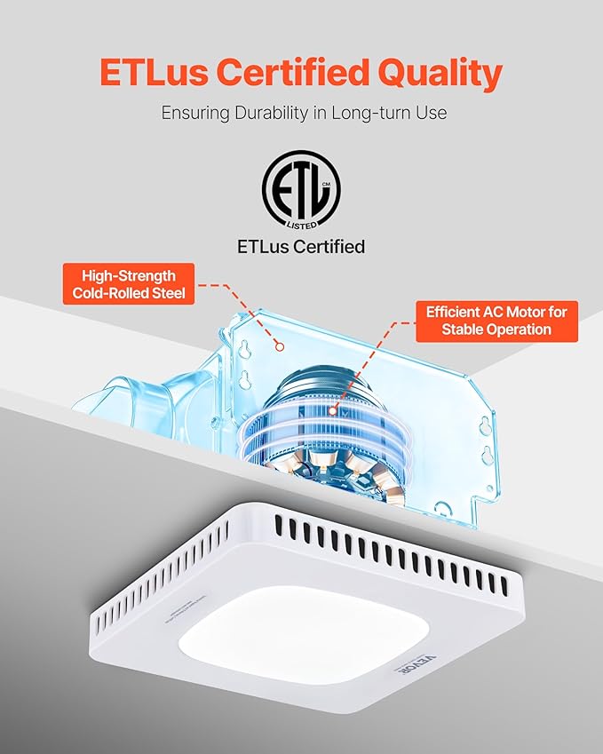 VEVOR Bathroom Exhaust Fan with LED Light, 80 CFM Bathroom Vent Three Gear Color Temp, 1.5 Sones Low-Noise, Premium AC Motor Ceiling Fan for Laundry Room, Storage Room, Home Ventilation, White
