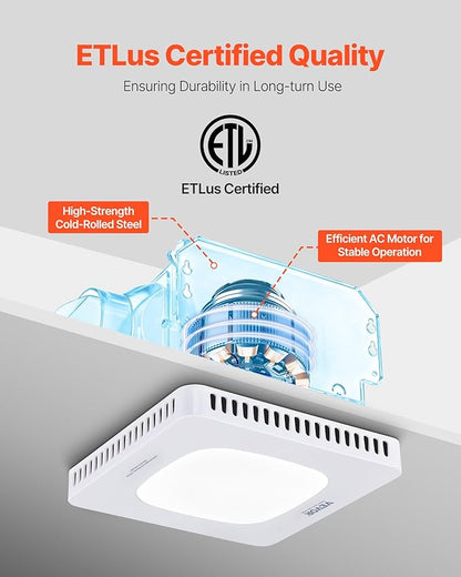 VEVOR Bathroom Exhaust Fan with LED Light, 110 CFM Bathroom Vent Three Gear Color Temp, 1.5 Sones Low-Noise, Premium AC Motor Ceiling Fan for Laundry Room, Storage Room, Home Ventilation, White