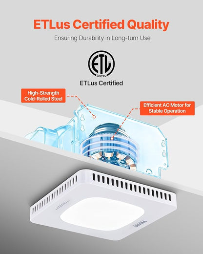 VEVOR Bathroom Exhaust Fan with LED Light, 130 CFM Bathroom Vent Three Gear Color Temp, 1.5 Sones Low-Noise, Premium AC Motor Ceiling Fan for Laundry Room, Storage Room, Home Ventilation, White