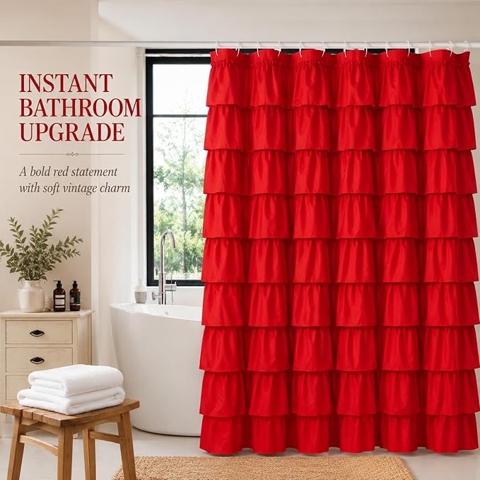 Red Ruffle Shower Curtain for Bathroom, 72x72, Cottagecore Rural Farmhouse | Cascading Layered Ruffles, Standard 72" x 72" Fits Most Tubs & Showers, 12 Hooks Inclouded, Machine Washable, Soft Microfiber