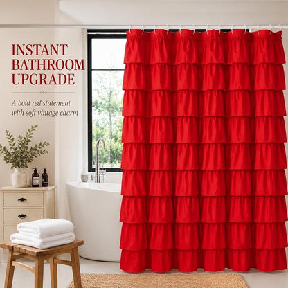 Red Ruffle Shower Curtain for Bathroom, 72x72, Cottagecore Rural Farmhouse | Cascading Layered Ruffles, Standard 72" x 72" Fits Most Tubs & Showers, 12 Hooks Inclouded, Machine Washable, Soft Microfiber