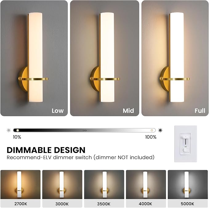 15-inch Gold Bathroom Wall Sconces Set of 2 Modern Sconces Wall Lighting 5CCT LED Dimmable Wall Light Brushed Gold Sconces for Bedroom Living Room Hallway (Hardwired)