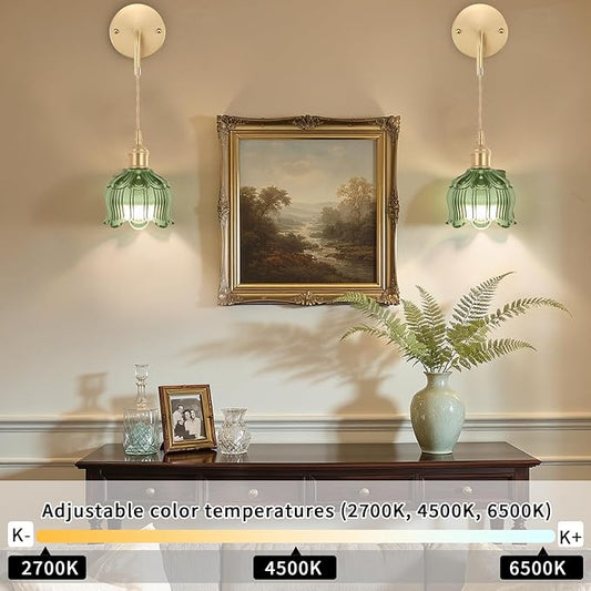 Battery Operated Wall Sconces CCT Dimmable Wireless Sconces Set of 2, Vintage Light Fixture with Green Flower Glass Lampshade Wall Decor Set of 2 for Living Room Bedroom Bedside Bathroom