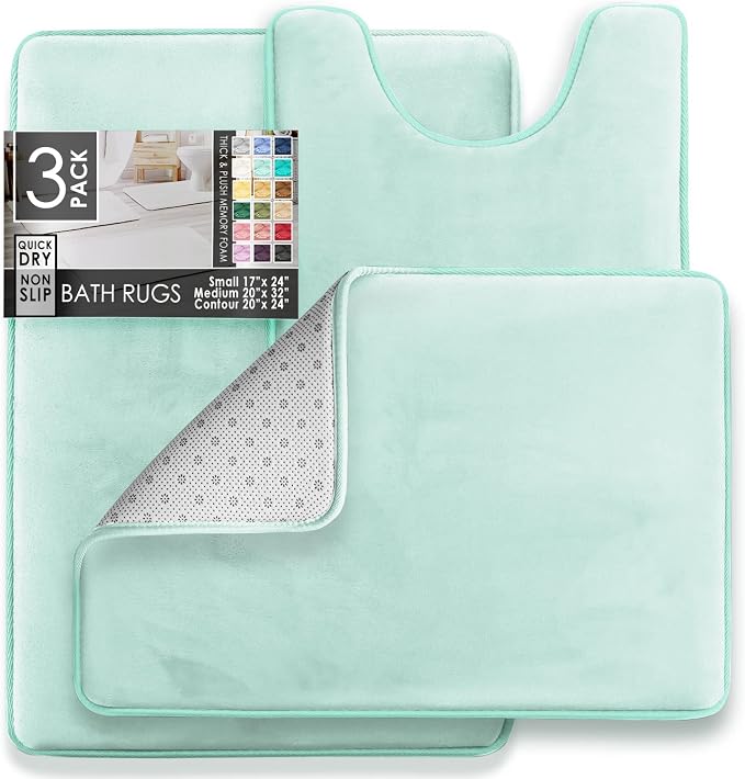 Clara Clark 3 Piece Bathroom Rugs Bath Mat Set, Velvet Memory Foam Bath Mats for Bathroom - Non-Slip, PVC Backing Bath Rugs, Washable - Dries Quickly, Blue
