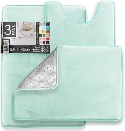 Clara Clark 3 Piece Bathroom Rugs Bath Mat Set, Velvet Memory Foam Bath Mats for Bathroom - Non-Slip, PVC Backing Bath Rugs, Washable - Dries Quickly, Blue