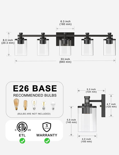 Bathroom Light Fixture, Bathroom Vanity Light Over Mirror, 5-Lights | Vanity Lights for Bathroom, Modern Lighting Fixtures with Clear Glass Shade, Black Vanity Lights, ETL Listed