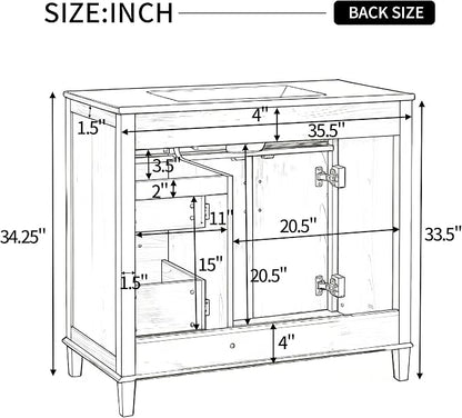 36 Inch Bathroom Vanities with Undermount Ceramic Sink, Storage Cabinet with Soft Closing Doors and Three Drawers, Solid Wood Frame, Natural Wood