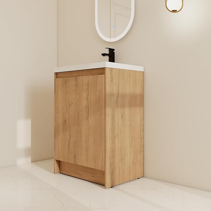 24" Bathroom Vanity with Sink, 24 Inch Freestanding Vanity, Single Resin Sink Floor Stand Bathroom Sink Cabinet with 2 Doors, Imitative Oak (Space-Saving for Small Bathrooms)