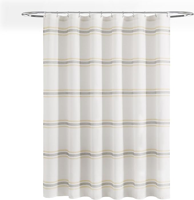 Lush Decor Farmhouse Stripe Cotton Shower Curtain, 72" W x 72" L, Yellow & Gray - Striped Bathroom Curtain - Fabric Shower Curtains - Farmhouse Bathroom Decor