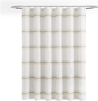 Lush Decor Farmhouse Stripe Cotton Shower Curtain, 72" W x 72" L, Yellow & Gray - Striped Bathroom Curtain - Fabric Shower Curtains - Farmhouse Bathroom Decor