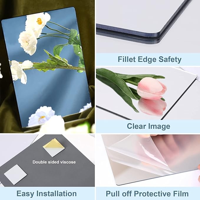 JUNEBRUSHS 8 Pack Self Adhesive Acrylic Mirror, 12 x 12 Inch Mirror Tiles | 2MM Thick Mirror, Frameless Small Mirror, Flexible Plastic Sheets Wall Stickers