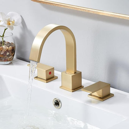 Brushed Gold Bathroom Faucet 3 Hole, Waterfall 8 Inch Widespread Gold Bathroom Sink Faucets with Pop-up Drain and Supply Hoses, 360° Swivel Spout 2-Handle Sink Faucet for Bath Vanity
