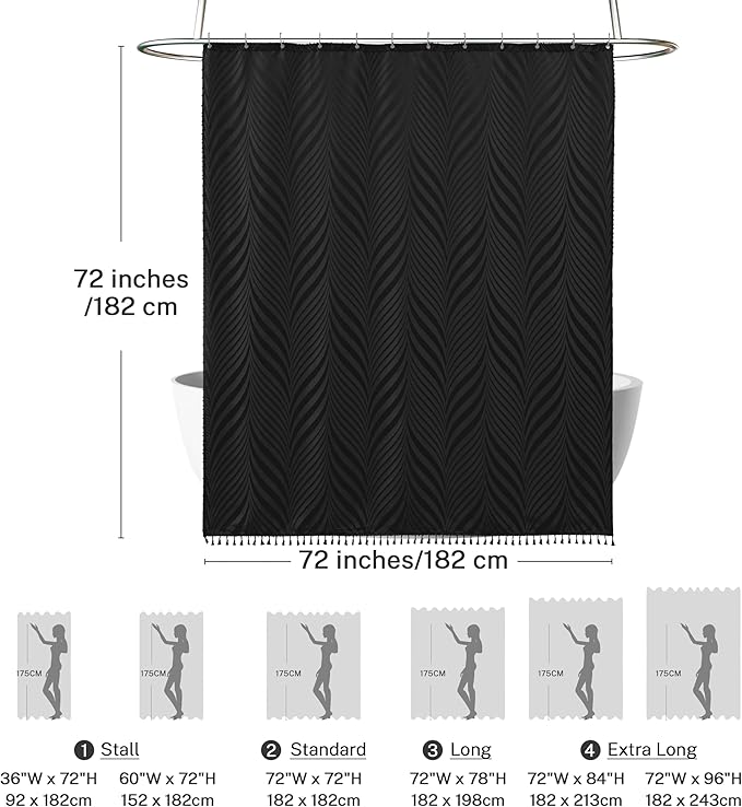 Black Boho Woven Fabric Shower Curtain, 72 x 72 Tufted Leaves Textured Striped Modern Farmhouse Minimalist Cloth Curtain for Bathroom