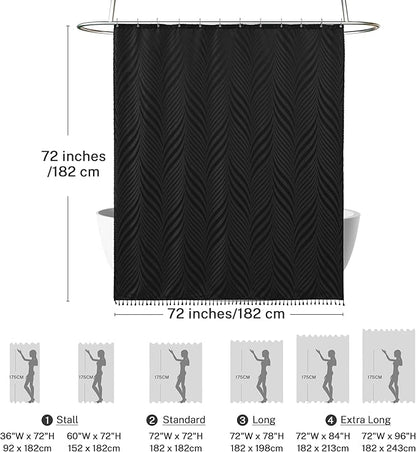 Black Boho Woven Fabric Shower Curtain, 72 x 72 Tufted Leaves Textured Striped Modern Farmhouse Minimalist Cloth Curtain for Bathroom