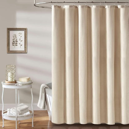 72x80 Linen Textured Waterproof Fabric Shower Curtain Set, Beige/Cream | Long Size, 230GSM Polyester, Heavy Duty Cloth, Weighted Hem, 12 Plastic Hooks, Modern Luxury Hotel Style, Machine Washable