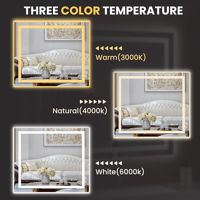 LOAAO 44"X36" LED Bathroom Mirror with Lights, UL Listed | Anti-Fog, Dimmable, 3 Color Temperature, Backlit + Front Lit, Memory Function, Tempered Glass