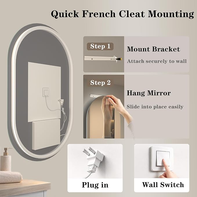 OKPAL Backlit Oval Lighted Bathroom Mirror with Lights 48 x 30, Pill-Shaped LED Mirror for Bathroom Wall, Anit-Fog, Dimmable, Memory, Tempered Glass, UL (Horizontal/Vertical)