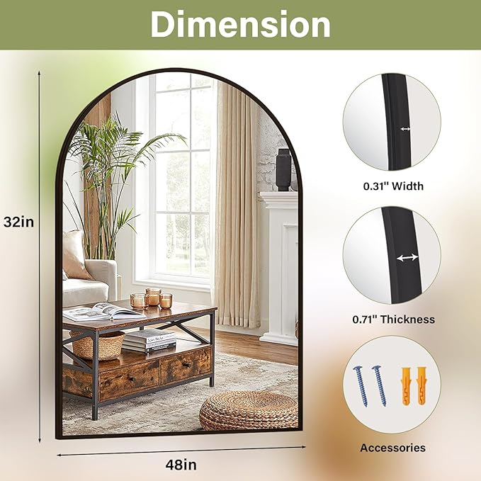 XRAMFY 32"x48" Arched Bathroom Mirror with Aluminum Frame Arched Wall Mounted Vanity Mirror for Entryway, Bedroom, Living Room, Black
