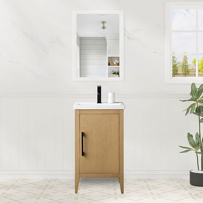 HomeBeyond 20 Inch Bathroom Vanity with Sink & Ceramic Top, Single Vanity Cabinet with Basin, Soft-Closing Doors & Matte Black Hardware, Natural Oak