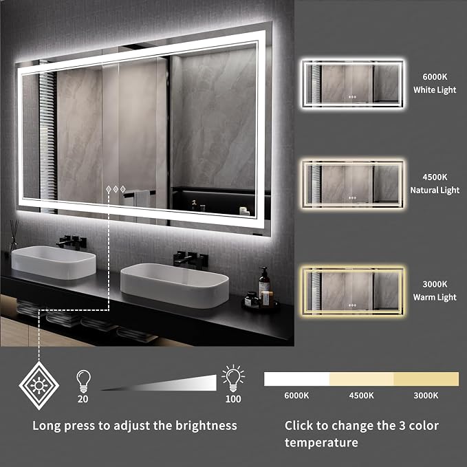 Big Bathroom Mirror, 84x40 Inch Gradient Front and Backlit Lighted Mirror, 3 Colors Dimmable CRI>90 Double Lights, IP54 Enhanced Anti-Fog, Wall Mount LED Vanity Mirror