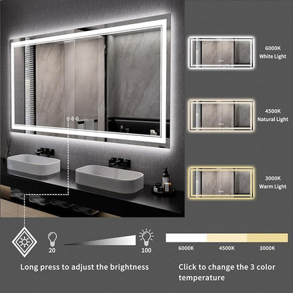Big Bathroom Mirror, 84x40 Inch Gradient Front and Backlit Lighted Mirror, 3 Colors Dimmable CRI>90 Double Lights, IP54 Enhanced Anti-Fog, Wall Mount LED Vanity Mirror