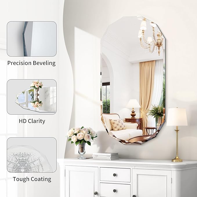 GLASHOM Frameless Bathroom Mirror, 20" x 40" Beveled Oval Wall Mirror for Over Sink, 16 Inch Modern Decorative Vanity Mirror for Bedroom, Living Room, Entryway, Hanging Mirror Horizontal or Vertical