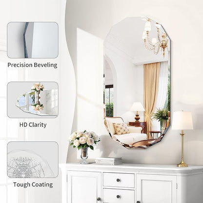 GLASHOM Frameless Bathroom Mirror, 20" x 40" Beveled Oval Wall Mirror for Over Sink, 16 Inch Modern Decorative Vanity Mirror for Bedroom, Living Room, Entryway, Hanging Mirror Horizontal or Vertical