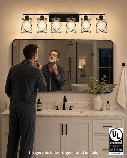 6-Light Matte Black Bathroom Light Fixtures Over Mirror, 42" UL-Listed Modern Wall Sconce Lights with Clear Glass and Metal Cage for Bath, Hardwire E26, CH9176BK-6W