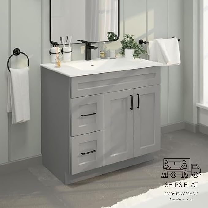 36" Light Grey Shaker Bathroom Vanity Base – Ready-to-Assemble Sink Cabinet with Drawers, Freestanding Bathroom Vanity Base Only, No Top or Sink
