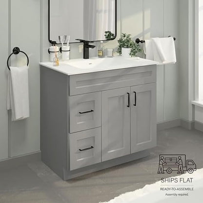 36" Light Grey Shaker Bathroom Vanity Base – Ready-to-Assemble Sink Cabinet with Drawers, Freestanding Bathroom Vanity Base Only, No Top or Sink