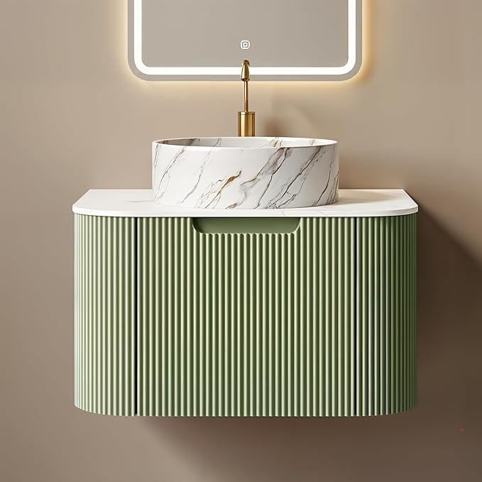 Yayzy 24" Floating Bathroom Vanity with Sink, Solid Wood Fluted Cabinet, White Marble-Patterned Ceramic Basin & Faux Marble Top, Soft-Close Drawer, Pre-Assembled, Light Green