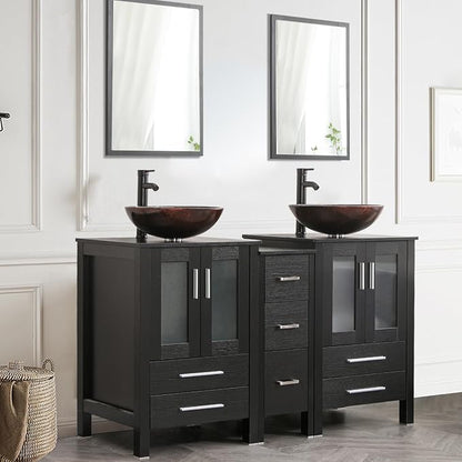 60" Black Bathroom Vanity,Double Vanity,Round Glass Vessel Basin Sink,ORB Faucet,Drain Parts,Bathroom Vanity Top Glass Sink Bowl Set,Vanity Pedestal Include,Mirror Not Included (A09 Vessel Set)