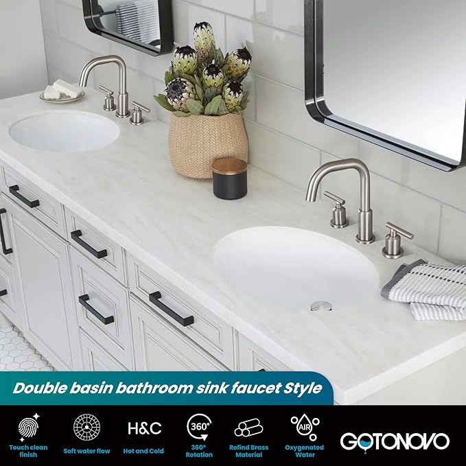 gotonovo 8 Inch Widespread Bathroom Sink Faucet 3 Hole 2 Handles Lavatory Basin with Pop Up Drain with Hot and Cold Mixer Valves Vintage Brushed Nickel