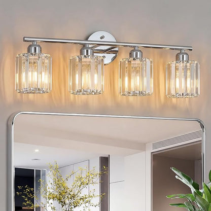 Modern 4 Light Crystal Vanity Light, Chrome Vertical Bathroom Light Fixture Over Mirror for Dressing Table Sink, Compatible with Dimmable Bulbs (Bulbs Not Included)