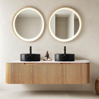 60 inch Bathroom Vanity with Double Sink, Floating Bathroom Vanities with Stone Pattern Round Basin and Countertop, 2 Large Soft-Closing Storage Drawers, Pre-Assembled Cabinet, Nature Wood