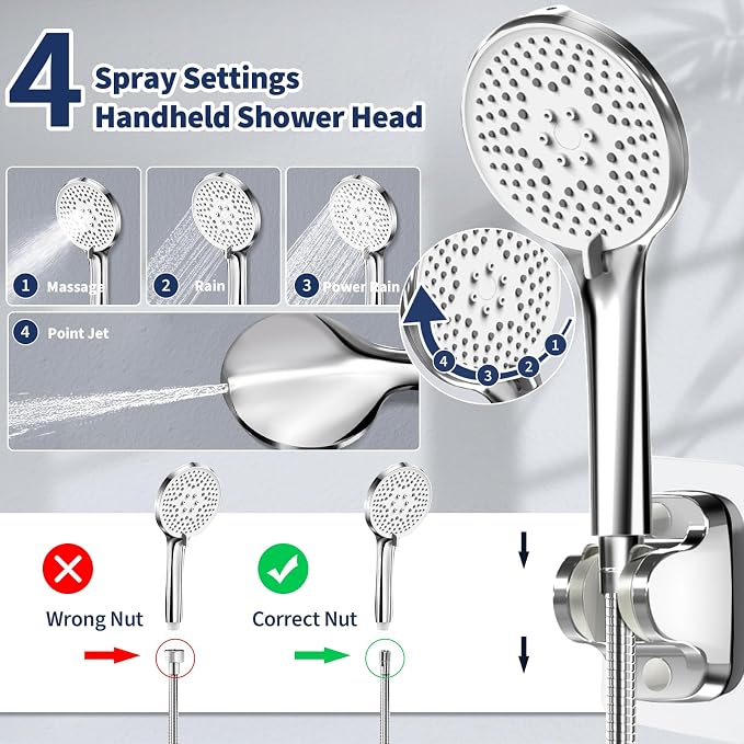 Airlex Shower Head Rain Shower Head with Handheld Spary, High Pressure Rainfall Showerhead and 4 Modes Handheld Shower Heads Built-in Power Wash with 71 Inch Stainless Steel Hose, 10'' Sliver