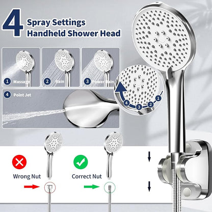 Airlex Shower Head Rain Shower Head with Handheld Spary, High Pressure Rainfall Showerhead and 4 Modes Handheld Shower Heads Built-in Power Wash with 71 Inch Stainless Steel Hose, 10'' Sliver