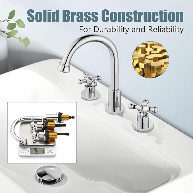 3 Hole Bathroom Sink Faucet Widespread Metal Label Polish Chrome | High-Arc Swivel Spout,Pop Up Drain,Cross Handle,cUPC Hose,for 6-16″Centerset Basin,Farmhouse,RV,Vanity,Lavatory 8" Mixer Tap