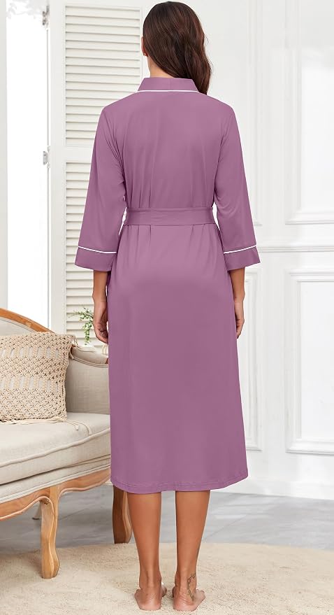 PrinStory Robes for Women 3/4 Sleeve Long Bath Robe XS-4XL | V-Neck Knit Bathrobe with Pockets, Lightweight, Soft, Breathable Robes for Shower, Spa, Travel, Home, Party, Nursing