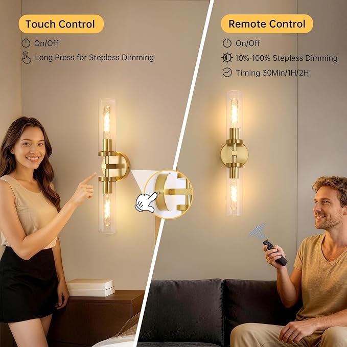 Shenmoyl Set of 2 Wall Sconces, 7800 mAh Battery Operated Wall Sconce with 3 Colors & Remote Control, Gold Rechargeable Wall Lamp with Clear Glass Shade for Bedroom, Bathroom, Living Room, Hallway