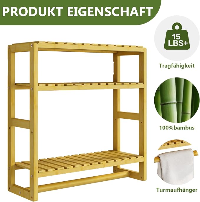 Galood Over The Toilet Storage Bathroom Shelves Wall Mounted 3 Tier Yellow | Space Saver Corner Shelf Organizer Bamboo Towel Rack Toilet Paper Cabinet with Hanging Rod