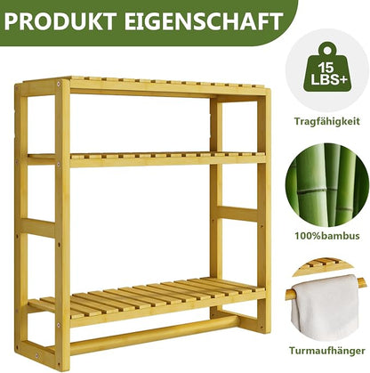 Galood Over The Toilet Storage Bathroom Shelves Wall Mounted 3 Tier Yellow | Space Saver Corner Shelf Organizer Bamboo Towel Rack Toilet Paper Cabinet with Hanging Rod