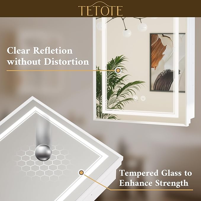 TETOTE White Lighted Medicine Cabinet with Tempered Glass Mirror 16 x 24 White Metal Led Recessed Medicine Cabinet for Bathroom with Lights and Storage, 3 Color Dimming, Anti-Fog, 2 Outlets