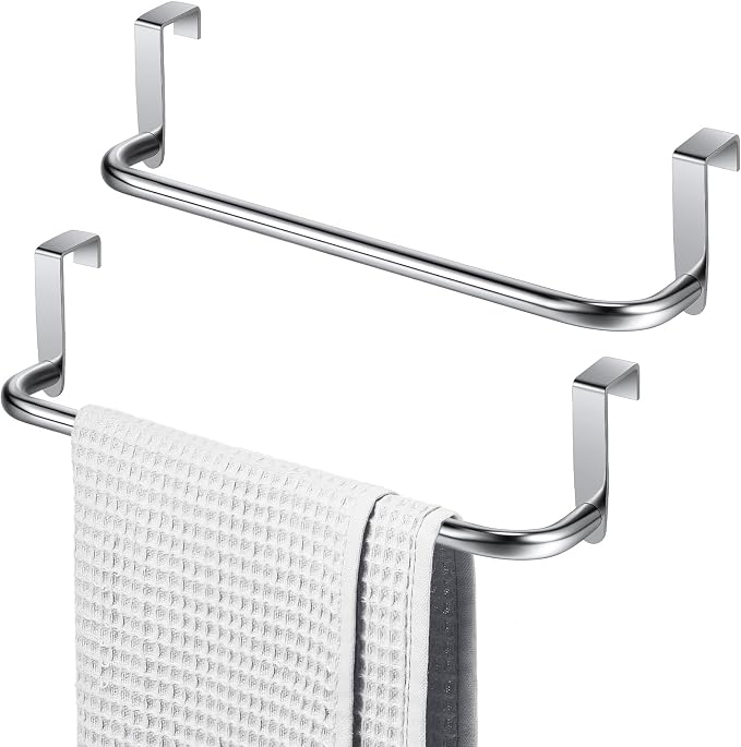 Patelai Over Cabinet Door Towel Bar, Metal Kitchen Rack,Silver | Hang Inside or Outside Cabinet for Hand Towels, No Drill Install, Bathroom Organizer, Saves Counter Space, Fits Doors