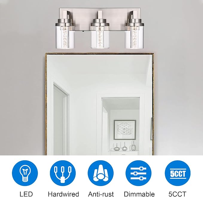 MELUCEE 3 Light Modern LED Bathroom Vanity Light Bar Brushed Nickel | Bubble Crystal Vanity Lights Over Mirror Bath Wall Light Fixture with Clear Glass Shade,5CCT Adjustable